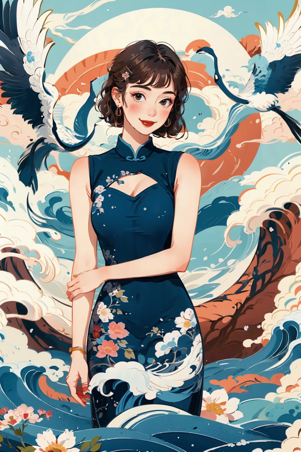 00059-1748136688-((masterpiece)), best quality, perfect anatomy,8K wallpaper,_mChinaChic, 1girl, crane _(animal_), waves, water pattern, brown ha.png